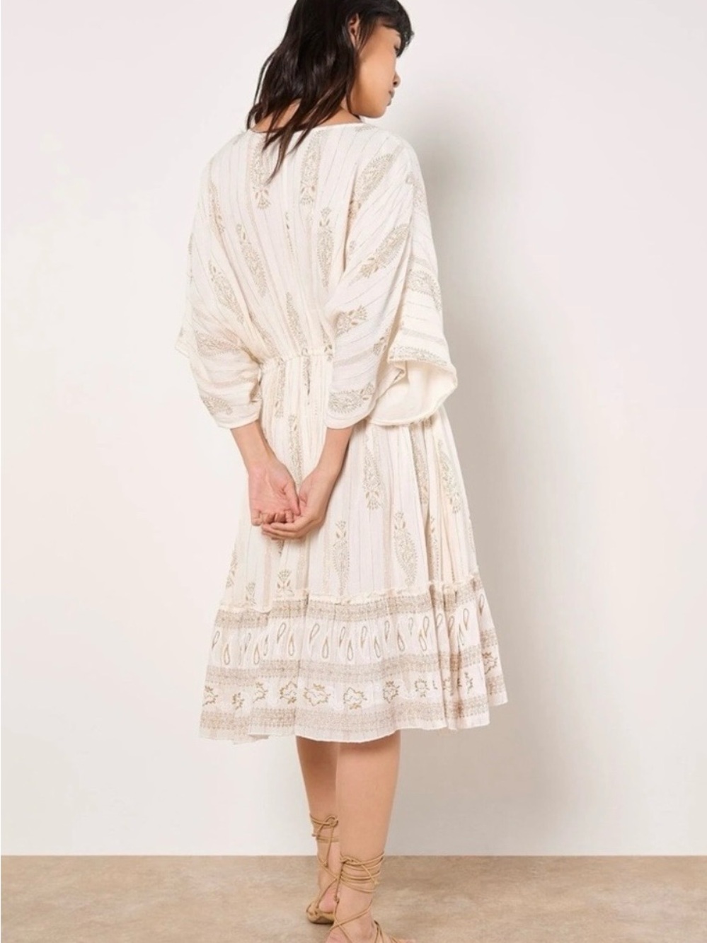 Sz M Apricot Cream Gold Foil Tassel Embroidered Sequin V-Neck Boho Midi Dress - Picture 5 of 10